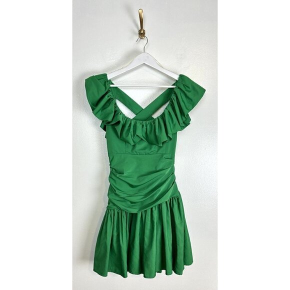 ALEMAIS Doria Ruffle-neck Crossover-back Mini Dress in Green Size US 2 - Picture 4 of 14
